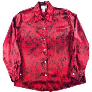 Vintage Erena Red Black Rose Print Satin Blouse Button Front Long Sleeve Size 16